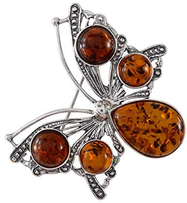 HolidayGiftShops Sterling Silber und Honig Baltischen Bernstein Schmetterling Brosche