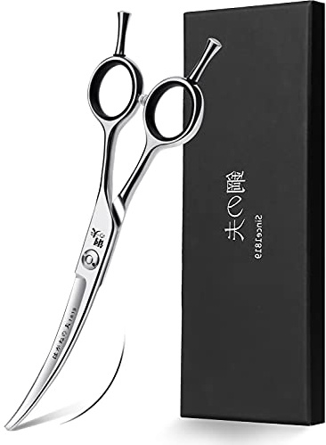 DRGSKL 6 Hair Cutting Scissors Professional Curved Grooming Scissors for Small Dogs Cat & Hairstyle Barber Haircut Shears Japanese Stainless Steel Silent Adjustable Tension Removable Soft Ring