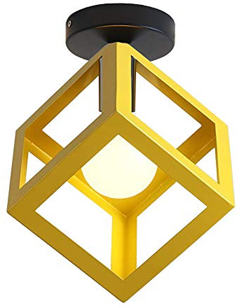 iDEGU Plafonnier Luminaire Moderne Lustre Forme Cage Lampe de Plafon Vintage Abat-jour de Style Géométrique en Métal E27 Éclairage pour Chambre Salon Restaurant, Forme de Cube,16CM, Jaune