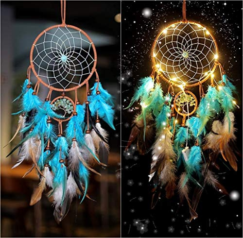 LED Drömfångare, Blågrön Indisk Väggdekorationer Handgjorda Söta Bröllopsgåvor, Sovrum Vägghängande Ornament Hantverk, Dekorationer för Flickor/Pojkar/Barn/Vänner