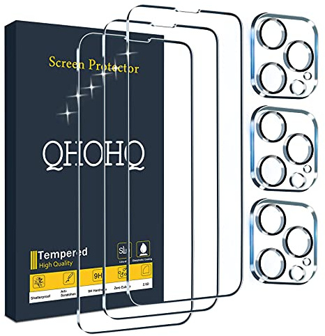 QHOHQ 3 Stück Panzer folie Schutzfolie für iPhone 13 Pro Max 6.7 mit 3 Stück Kamera Panzer Schutz Glas, 9H Härte, Ultra-HD, Anti-Kratz, Anti-Blasenfrei, Einfach Installieren, Hülle Freundllich