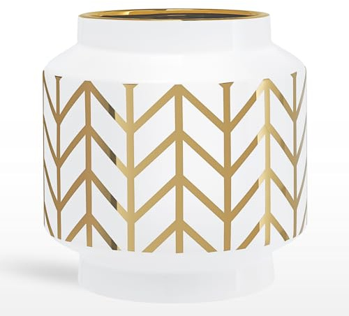 Torre & Tagus Elements Gold Chevron Stripe Ceramic Flower Vase & Cachepot - Mid Century Modern Tabletop Drop Pot for Floral Arrangements Houseplants Bouquets & Home Decoration, 6D x 6.5H, White Gold