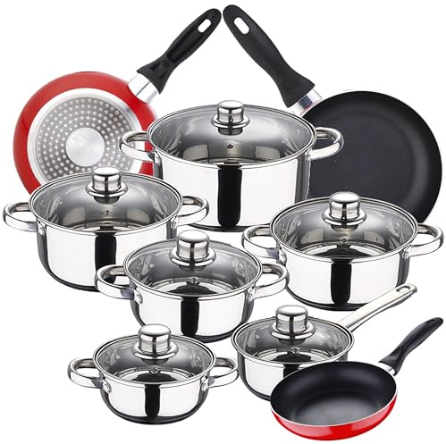 Bateria de cocina 12 piezas SAN IGNACIO Cassel, acero inoxidable, con juego sartenes (16/20/24 cm) SAN IGNACIO Navy Red en aluminio prensado