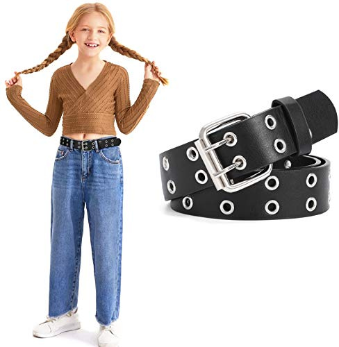 WERFORU Cintura per ragazze in pelle PU per bambini, cintura per jeans, pantaloni, cintura a doppio occhiello, A nero., pour un tour de taille inférieur à 78 cm