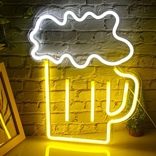 ineonlife Bier Neon Schild Leuchtreklame Zeichen Gelb Weiß Led Schild Neonlicht Dekorative Wandleuchten für Bar Pub Nachtclub Restaurant Store Festival Feier Dekoration Party Neon Sign
