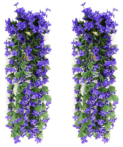 wocpvm 2 Stück 70CM kunstblumen veilchen künstlicher Efeu mit violettfarbenen Blüten hängeblumen künstlich für Büro, Zuhause Dekoration, Hausgarten, Party, Hochzeit, Dunkeles Lila