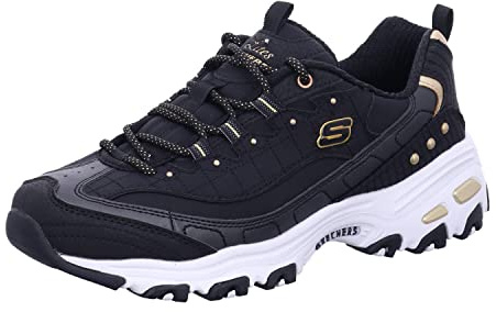Skechers Women's D'Lites Ladies Night Sneaker, Black Duraleather/Gold Trim, 8 UK