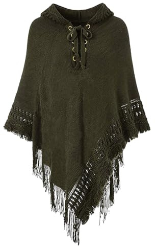 Rayson Poncho Cape Femme a Capuche Hiver Chaud Cape a Capuche Tricoté Poncho avec Franges col Rond et Ouvert Ponchos et Capes(Vert,Taille Unique)