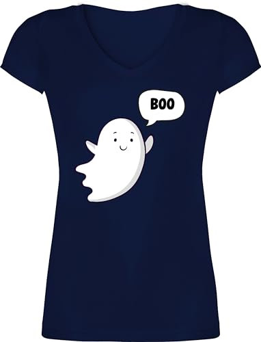 T-Shirt Damen V Ausschnitt - Halloween - Süßer Kleiner Geist Geister Gespenst Ghost - XL - Dunkelblau - Gespenster Tshirt grusel Haloween Outfits Boo Shirt sexy halowen Cute t Helloween hellowee