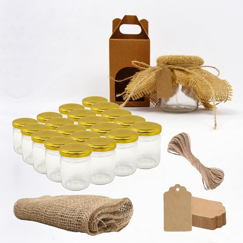 Set 20 Barattoli di Vetro 100 ml con Coperchio + 20 Scatole, Etichette Kraft, Tessuto e Spago – Vasetti per Marmellata e Conserve | Bomboniera | Espirito Rebelde