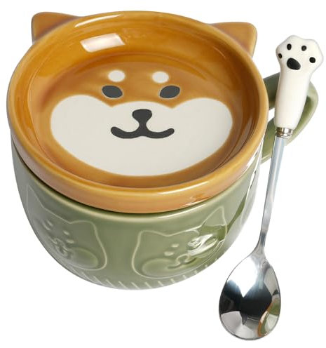 HOTUT Cute Dog Mug with Lid, Cute Animal Coffee Tea Cup Saucer Set, Kawaii Ceramic Mugs with Biscuit Holder and Spoon, Funny Novelty Dog Breakfast Mugs for Girls Friend Kids Men Wife Mum - Green