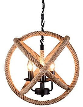 UNbit 3-Lights Hand-Woven Hemp Rope Spherical Vintage Chandelier Industrial Adjustable Iron Metal Ceiling Lamp E14 Retro Hanging Suspension Light for Kitchen Island Durable Light