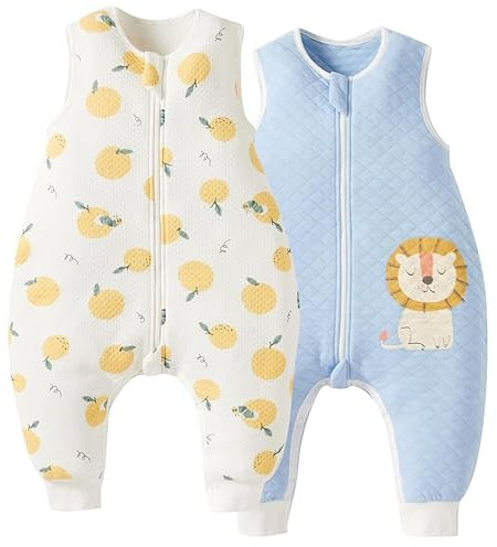 Duomiaomiao 2er Pack Schlafsack mit füßen 1.0 Tog, Ganzjahres Baby Baumwolle, Schlafsack mit Beinen, Baby Schlafsack mit füß ganzjahres Unisex(75/Orange/Löwe)