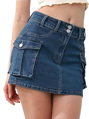 SANSIWU Womens Y2K Cargo Skirts Low Waist Button Short Skirt Bodycon Denim Casual Mini Skirt with Pocket (A-Blue, M)