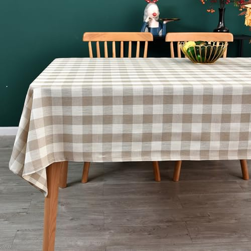Yofori Tischdecke Kariert, 135x220cm Beige Leinenoptik Tischdecke Abwaschbar Baumwolle Tischdecken Rechteckig für Esstisch, Bierzeitgarnitur, Garten, Outdoor