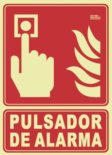IberNorma FPB111 Señal Pulsador de Alarma 21x30cm Clase B D≤10m PVC Luminiscente Homologada nueva UNE 23034:2023 y RIPCI (Clase B)