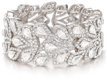 EVER FAITH Strass Armband für Damen, funkelnde Braut Kristall Vintage Floral Blatt verstellbare elastische Armkette für Hochzeit Party klar Silber-Ton