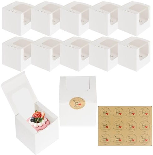 ZWQLZG 18pcs Cupcake Boxes Single, 9x9x9cm Individual Cupcake Boxes | Cupcakes Box with 24 Stickers adn Window, Single Cupcakes Boxes with Base, White Cupcakes Box for Wedding Birthday Party
