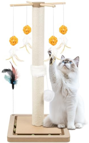 Gofady Cat Scratching Post, 63CM Cats Scratcher Kitten Scratch Post Indoor with Sisal Pole Hanging Ball for Kitten and Adult Cats, Light yellow