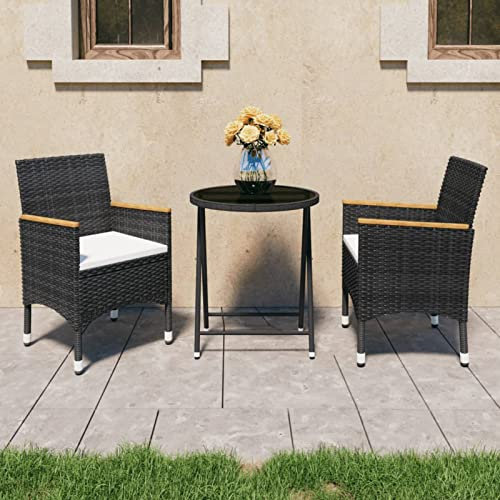 Sufrk 3-TLG. Bistro-Set Poly Rattan und Hartglas Schwarz Höhenverstellbar Rattan Look Outdoor Terrasse Balkon Gartenmöbel Korbsessel