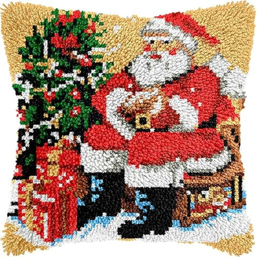 WallustrioaW Weihnachten Knüpfkissen Set,Weihnachtsmann und Geschenke,Knüpfkissen Set für Anfänger Erwachsene oder Kinder zum Selber Knüpfen,DIY Knüpfteppich Knüpfpackung,43x43cm