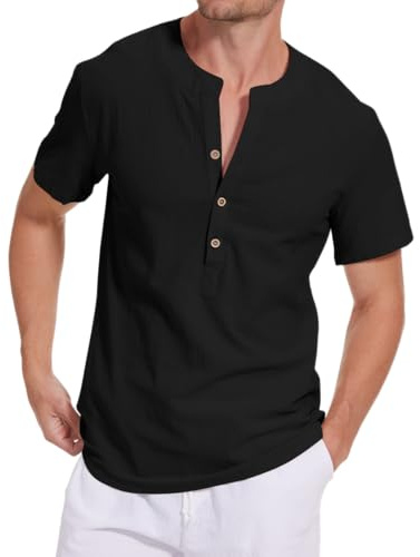 NANAMEEI Chemise Homme Lin Chemises Col Mao Manches Courtes Chemise Homme Eté Chemises Décontractée Noir L