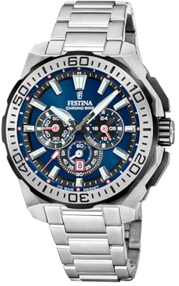 FESTINA Reloj Hombre Analógico de Acero Inoxidable 316l Plateado - Movimiento de Cuarzo - Cronógrafo - Calendario - Cristal Mineral de Alta Resistencia - Resistente al Agua 20 ATM F20724/2 Chrono Bike
