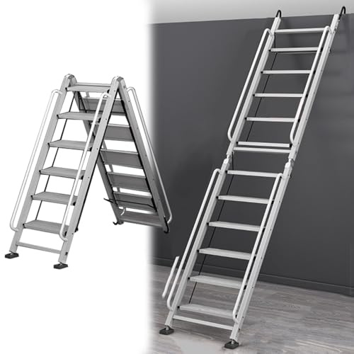 Dachbodentreppe Universal-Dachbodenleiter, Ausstiegsleiter, 8-12-stufige Dachbodenleiter mit Handläufen und Anti-Rutsch-Pad, Klappbare Leiter für Firmen-/ Wohnungsdächer(Silver,10 step-306cm (120.5))