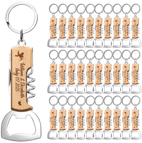 30 Pezzi Apri Bottiglie in Legno Personalizzato Multifunzionale, Regali Personalizzati per Matrimoni Feste di Compleanno, Portachiavi Apribottiglie Inciso per Ospiti