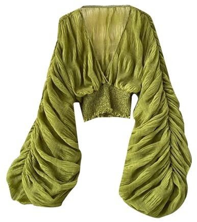 Generisch Damfruvåren Enkelfärg Plisserad Bubbla Ärm Slim Fit Kort Mångsidig Chiffong Blus Dirndl Överstorlek, Grön, En Storlek