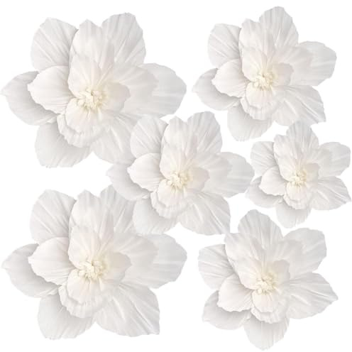 CREATCABIN 5Pcs Weiße Papierblumen Künstlich 3D Wanddekoration Hochzeit Geburtstag Brautparty Seidenkrepp Florale Wanddekoration Klassenzimmer Kinderzimmer Hintergrund Tafelaufsätze Partydekorationen