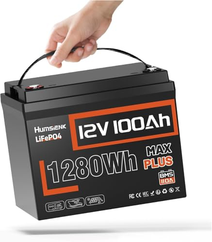 Humsienk Batería LiFePO4 12V 100Ah MAX Plus con BMS 110A y Protección Baja Temperatura, 15000+ Ciclos Profundos, Batería de Litio Recargable para Solar, Autocaravana, Barco y Energía Off-Grid