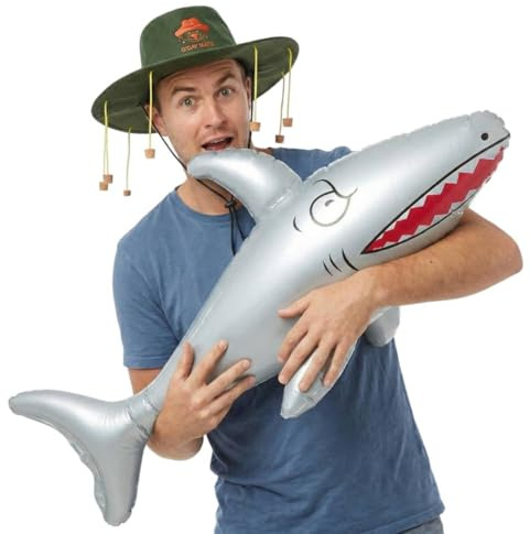 Australian Koala Cork Hat & Inflatable Shark - Green Hat with Print & Hanging Corks & Blow Up Shark Prop Australia Day & Outback Themed Party Hats Fancy Dress Kit