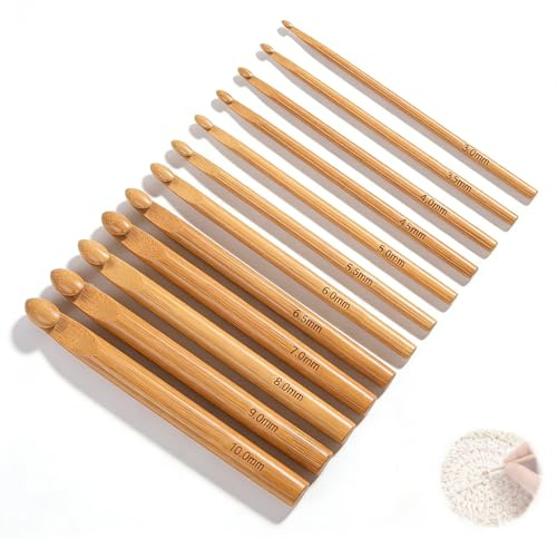 Häkelnadel-Set, 12-teiliges Bambusholz Häkelnadeln Set für Anfänger und Experten, Geeignet für Baumwolle, Seide, Trilobit und Alle Arten von Wolle, Mit Häkelnadel 4mm, 6mm, 7mm, 9mm