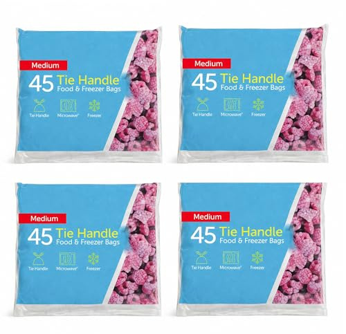 Food & Freezer Bags, BPA-Free, Microwave Safe, 4 Pack (180 x Tie Handle Medium)