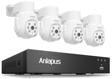 Anlapus Juego de cámaras de vigilancia para Exteriores, DVR de 8 Canales sin HDD, 4 cámaras Domo PTZ de 360° con Cable, reconocimiento de Personas y vehículos, grabación de Audio