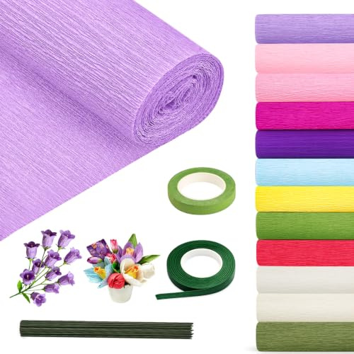 12 Colores Papel Crepe Colores Papel Pinocho Papel Crespón Floral 25x250cm | 12 Colores, Papel Crespón Grueso, con Cinta Floral, Rollo Papel Crepe, para Manualidades, Fiestas, Bodas Decoración