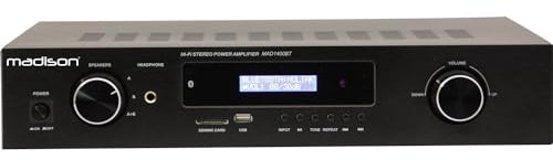 Madison - MAD1400BT-BK - Amplificador estéreo HI-FI 2 x 100W RMS con Bluetooth, USB, SD y FM - Aluminio negro