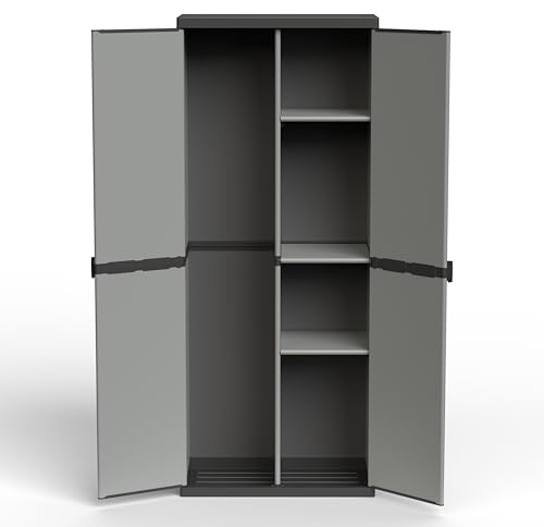 Kreher Hoher Spind Kunststoffschrank mit spritzwassergeschützter Deckel- & Bodenplatte sowie 3 Einlegeböden (2 Davon verstellbar) - extra stabil, Leichter Aufbau, optimal für Haushalt oder Garten