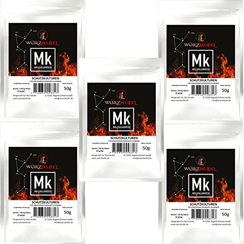 Schutzkulturen, milde Starterkulturen für streichfähige, gepökelte Wurst und Schinkenprodukte. Mehrstammkulturen, gefriergetrocknet, Spitzenqualität. 5 Beutel je 50g (250g)