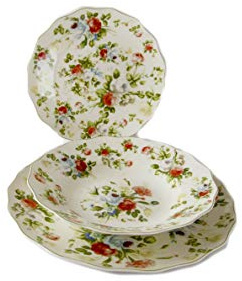 Geschirrset New Spring Rose für 6 Teller (18-teilig) aus hochwertigem Porzellan – glänzend und robust – spülmaschinen- und ofenfest – britischer Stil