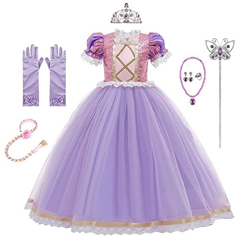 REXREII Mädchen Rapunzel Prinzessin Sofia Kostüm Halloween Weihnachten Party Geburtstag Kleid w/Handschuhe Haar Perücke Zubehör 8-9T