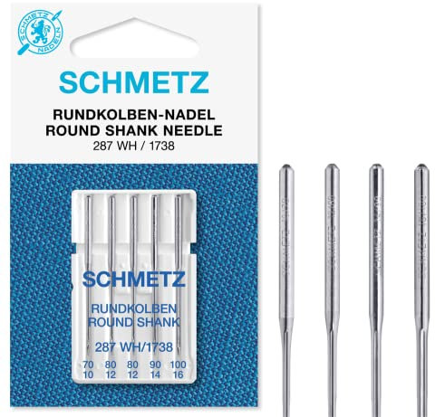 SCHMETZ | 5 Nähmaschinennadeln | Rundkolben | 287 WH/1738 | Nadeldicke 70/10-100/16 | Hinweis: Überprüfen Sie das empfohlene Nadelsystem in der Bedienungsanleitung