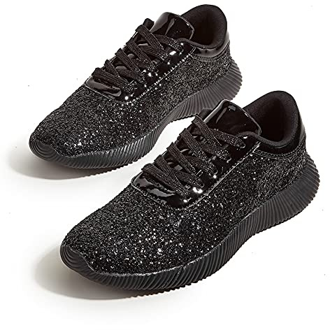BELOS Women's Fashion Sneakers Glitter Shoes with Vibrant Colors and Sparkle(9B(M) US, Black)