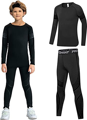 SXSHUN Thermounterwäsche Junge Kinder Funktionsunterwäsche Atmungsaktiv Thermo Sportunterwäsche Fußball Unterwäsche, Schwarz, 146