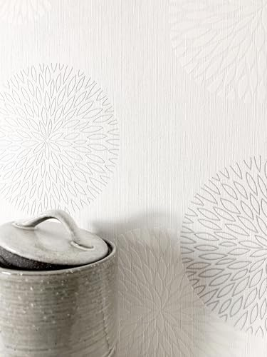 Newroom Vliestapete Weiß Kreise Blüten Tapete Modern Wohnzimmer | Blüten-Sonnenkreise, dezenter Glanz, feine Leinenstruktur, skandinavisch, Mustertapete, Schlafzimmer, Flur, ansatzfrei