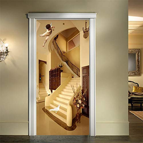 FHKGIUJAD Fototapeten 3D Türtapete Selbstklebend Häuser Treppen Muster Selbstklebendes Pvc Wasserdicht Fototapete Türfolie Poster Tapete Abnehmbare Türabziehbilder Türdekoration 88X200Cm