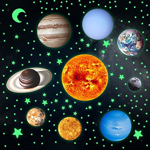 Yosemy Wandsticker Leuchtaufkleber 9 Planeten Leuchtsterne Leuchtsticker Wandtattoo Mini Sonnensystem Sterne Mond Fluoreszierend Wandaufkleber für Kinderzimmer Dekorative Aufkleber, 28 x15cm