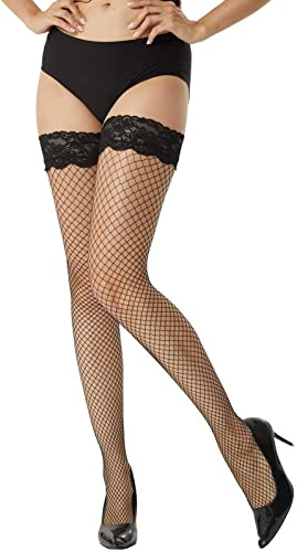 MANZI Damen Halterlose Netzstrümpfe,Halterlose Strümpfe Schwarz/Rot/Weiß,1 Paar,Schwarz,L-XL