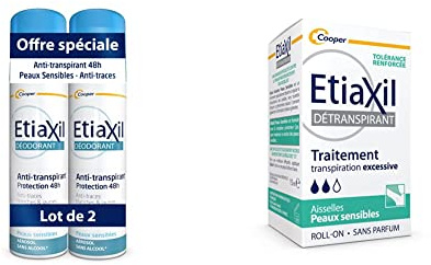 ETIAXIL - Anti-transpirant - Traitement Transpiration Modérée - Protection 48h - Aérosol - Fabriqué en France - 150 ml - Lot de 2 & Détranspirant - Traitement Transpiration Excessive - 15 ml